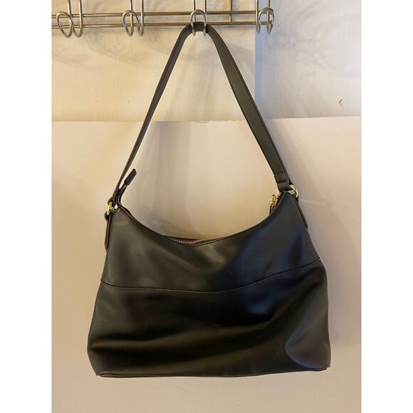 AK Anne Klein Black Leather Shoulder Bag 14x9" 2 zippers - Picture 2 of 7